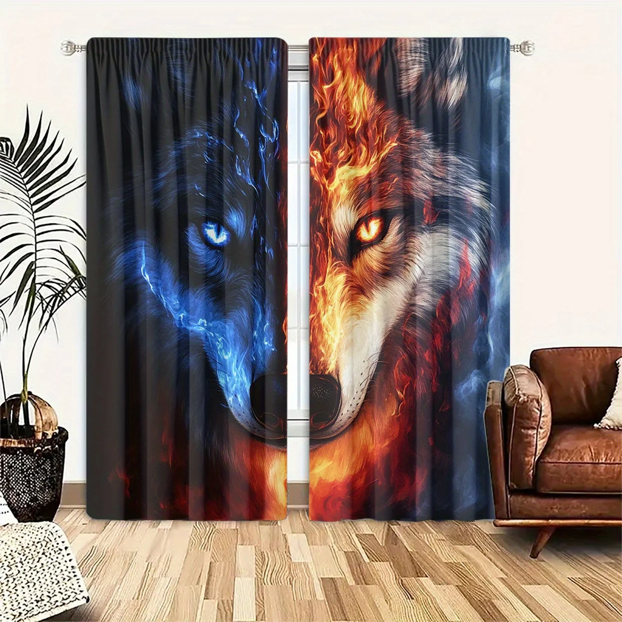 Split Ice Fire Wolf Window Curtain 2 Panels, Half Ice Half Fire Wild Wolf Face Print Soft Dark Tone Bedroom Home Decor Curtain