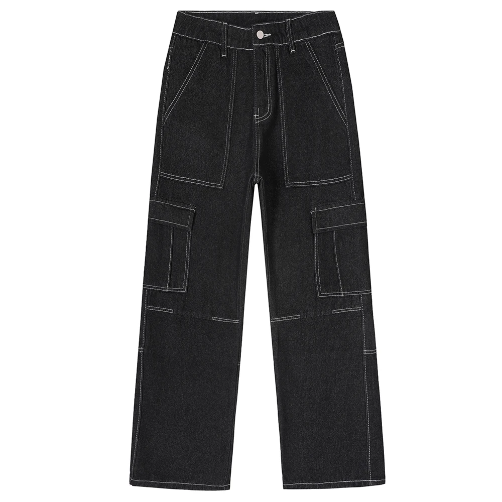 

Мужские джинсы-карго с множеством карманов, черные, свободного прямого кроя, рабочая одежда, уличная мода, брюки