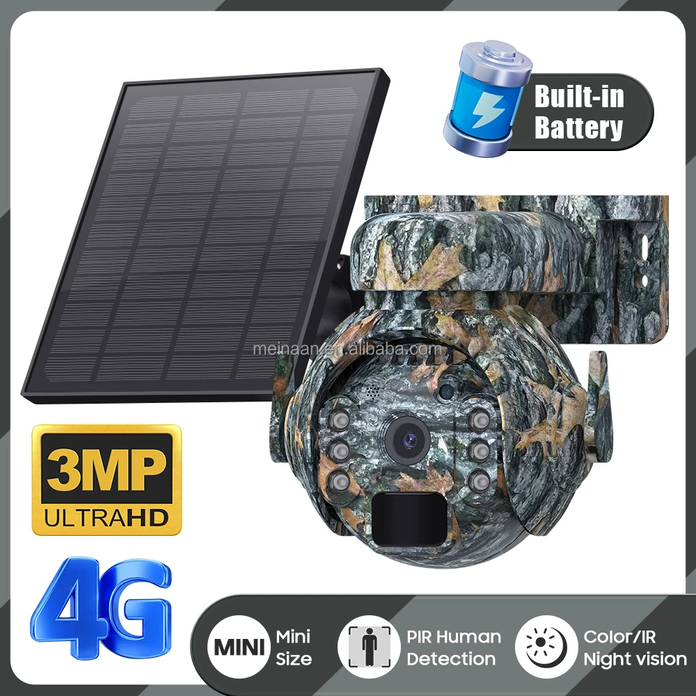 3MP Ubox Camouflage Hunting 4G LTE Wireless Solar Surveillance Trail PTZ Camera Outdoor Security 4G Sim Card Solar CCTV Camera