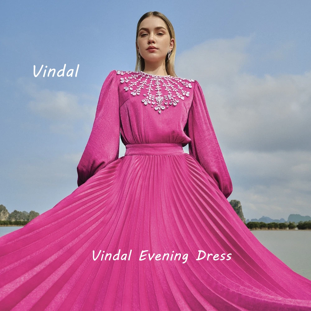 Vindal Floor length O-Neck luxurious A-Line Sexy Ruffle Beaded Velour Breast Padding Elegant Long Sleeves السعود For Woman 2024