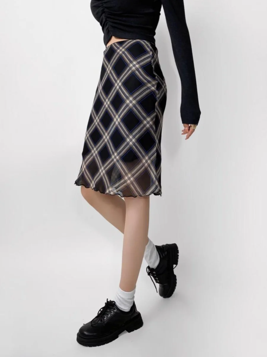 Retro High School Preppy Low Waist Plaid Half Skirt Sexy American Fish Tail Midi Skirt Sweet Style Checkered  Skirt
