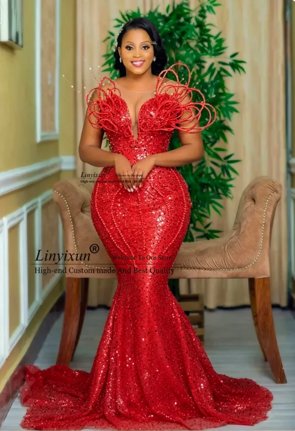 Aso Ebi Meerjungfrau-Abschlussballkleider, maßgeschneidertes, glitzerndes Abendkleid mit Diamant-Kristall-Pailletten, afrikanisches Hochzeits- und Geburtstagskleid