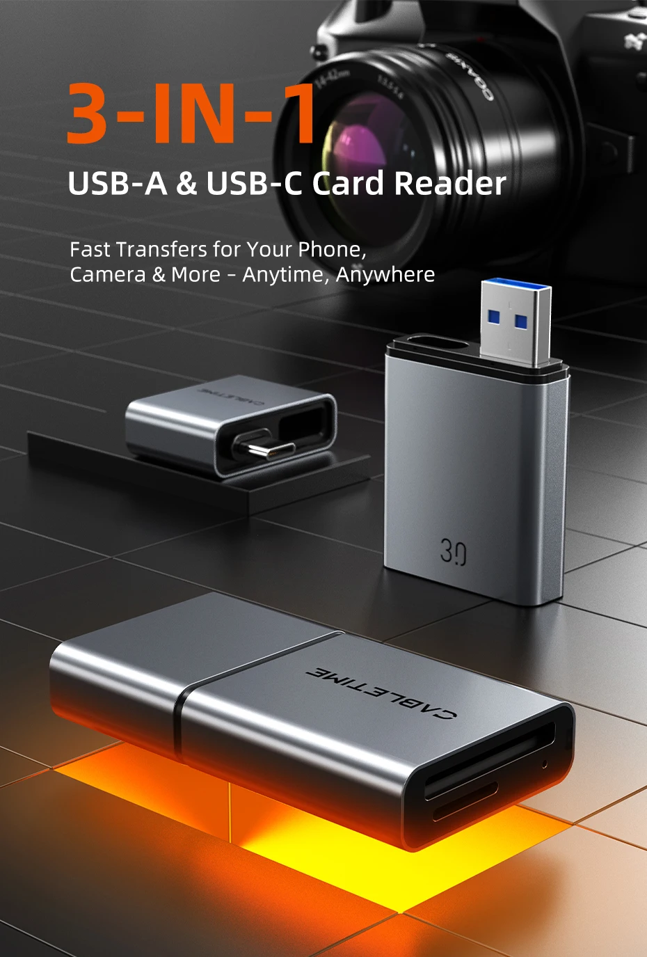 CABLETIME Kartenleser 3 in 1 USB 3.0 5 Gbit/s USB A USB C Kombiniertes Design SD/TF-Karten Tragbare Aluminiumlegierung für iPhone iPad – Detail 1