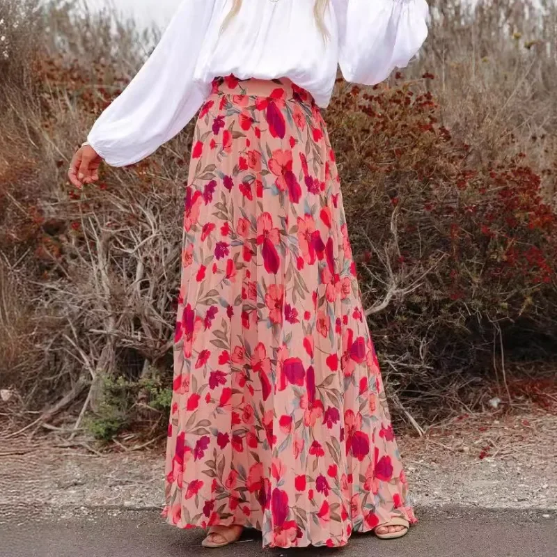 

Elegant Floral Print Long Skirts For Women 2025 Summer Casual Women's Chiffon Loose Maxi Skirt Female Vacation A-Line Skirt