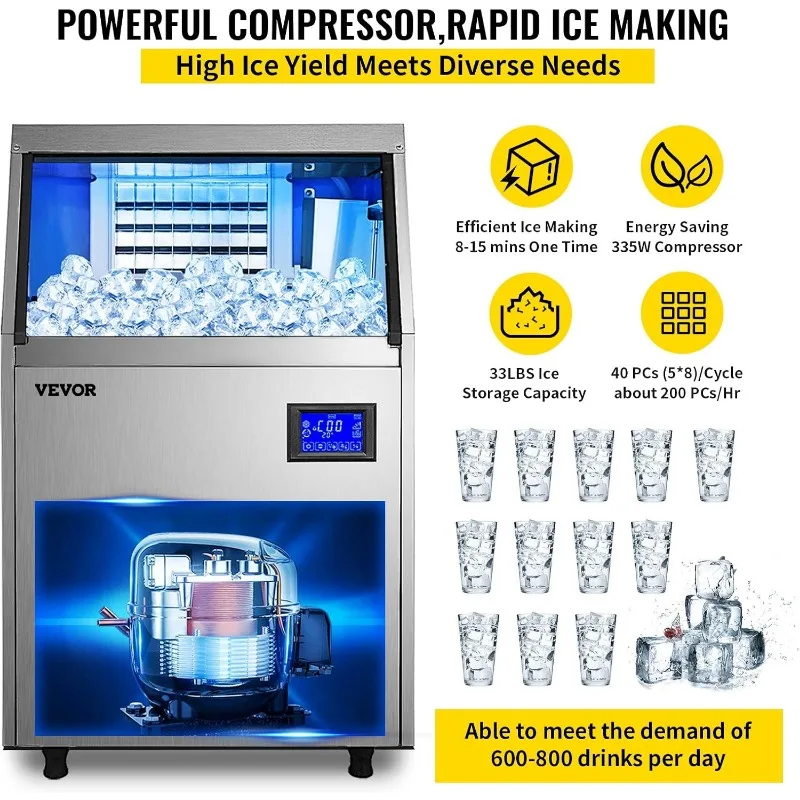 VEVOR Commercial Ice Maker Machine, 90LBS/24H 33LBS Bin, Upgrade Stainless Steel Commercial Ice Machine for Home Bar Resaturant