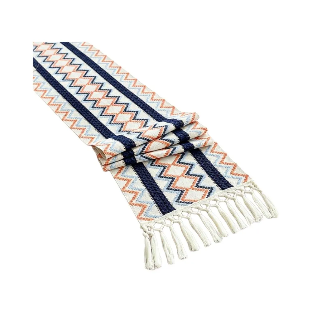 180CM Polyester Table Scarf for Runner with Tight Geometric Weave and Decorative Tassels Red Green Blue Orange Table Use