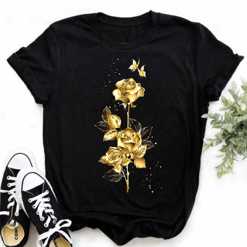 New Fashion Gold Rose Print Women T Shirt Harajuku Short Sleeves Tshirts Casual O-neck Top Tee Shirt Women Black T-shirt