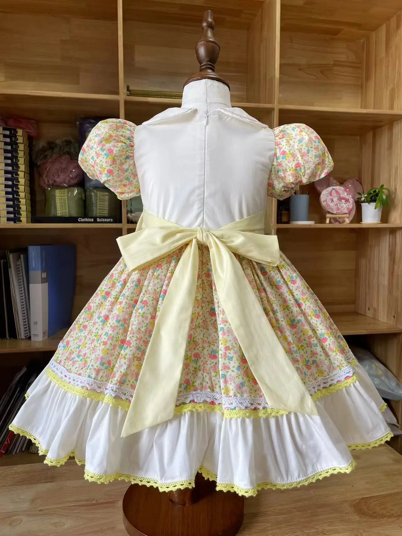 0-12Y Girl Summer Yellow Floral Duck Embroidery Turkish Vintage Lolita Princess Ball Gown Dress for Birthday Holiday Eid