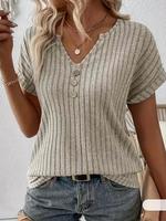 Spring/summer new solid color ribbed top V-neck button decorated elegant T-shirt ladies S-2XL