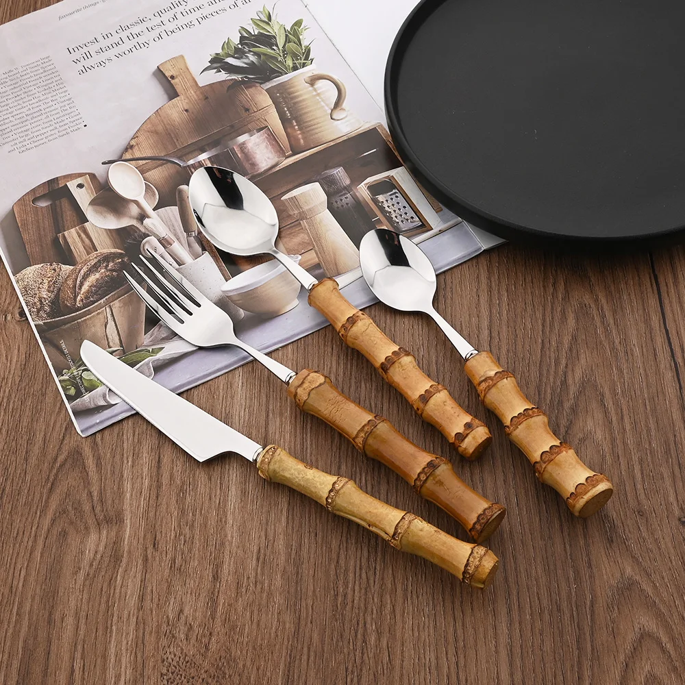 Silver 24Pcs Creative Home Bamboo Handle Dinnerware Cutlery Set Stainless Steel Tableware Steak Knives Fork Spoon Set For Home