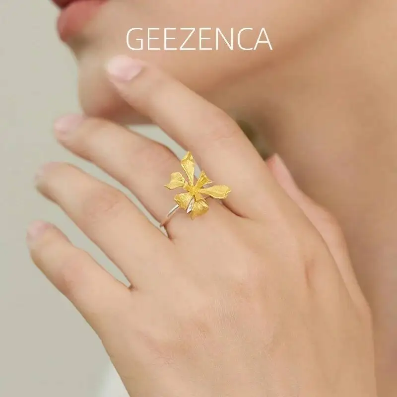 

GEEZENCA 925 Sterling Silver 3D Iris Flower Resizable Ring For Women Original Design Chic Elegant Aesthetic Rings 2024 New Gift