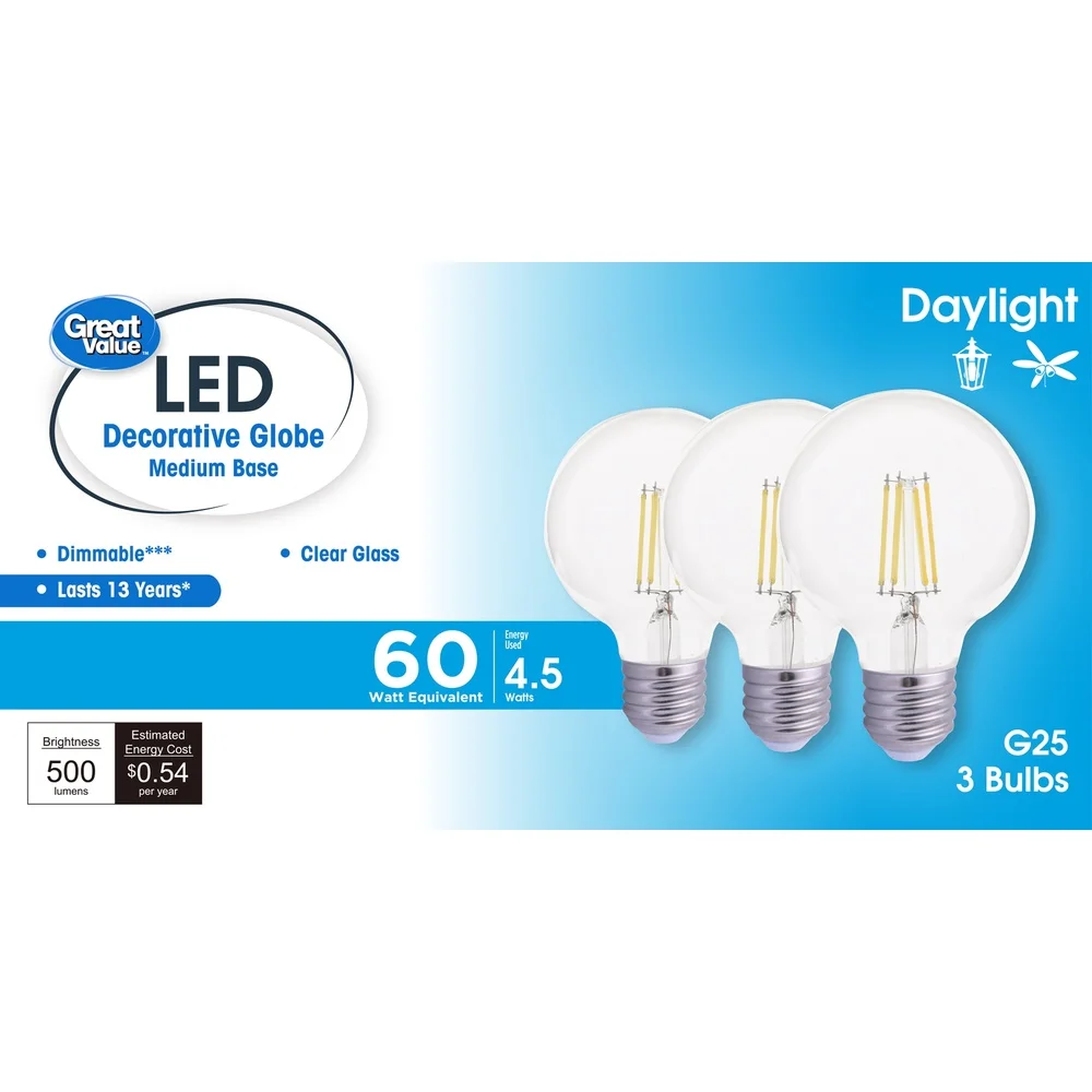 G25 LED 電球 3W 60W 相当 調光可能 昼光グローブ E26 ベース 500 ルーメン 省エネ 3 パック 防湿定格