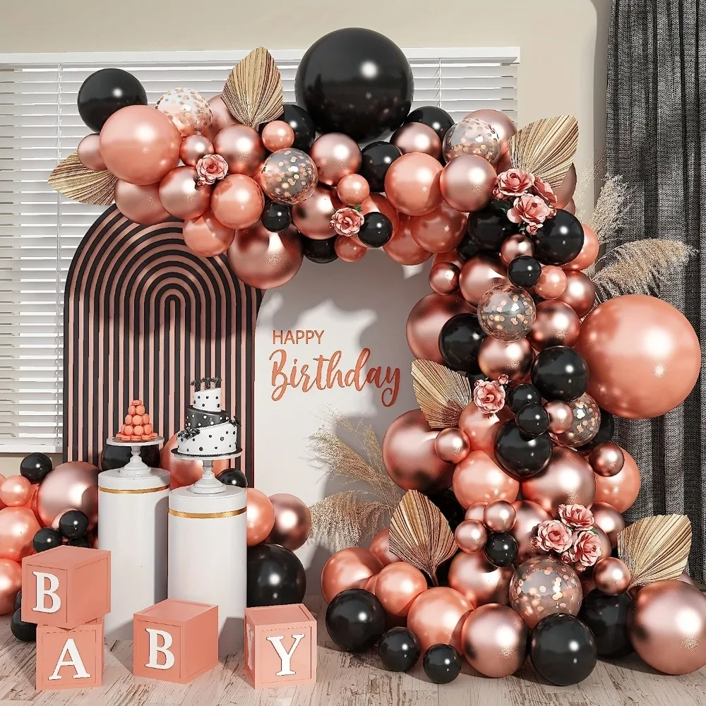 136PCS Rose Gold Black Balloon Arch Set Balloon Wreath Set Women\'s Birthday Bride Wedding Party Decoration Supplies