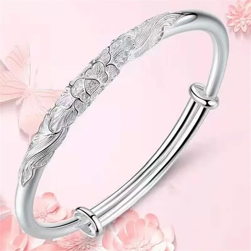 Elegant Ladies 999 Fine Silver Sliding Adjustable Bangle Hand Carved 3D Phoenix Relief Polished Smooth Band Traditional Chinese