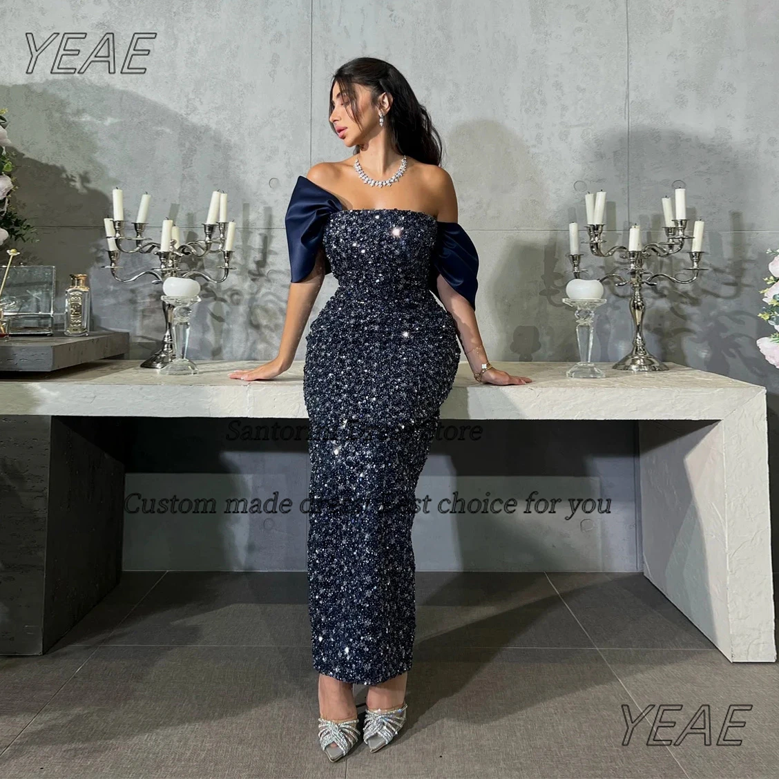 Santorini Customized Ankle Length Prom Dresses Off Shoulder Special Occasion Dress Sexy Back Slit Formal Party Evening Gowns
