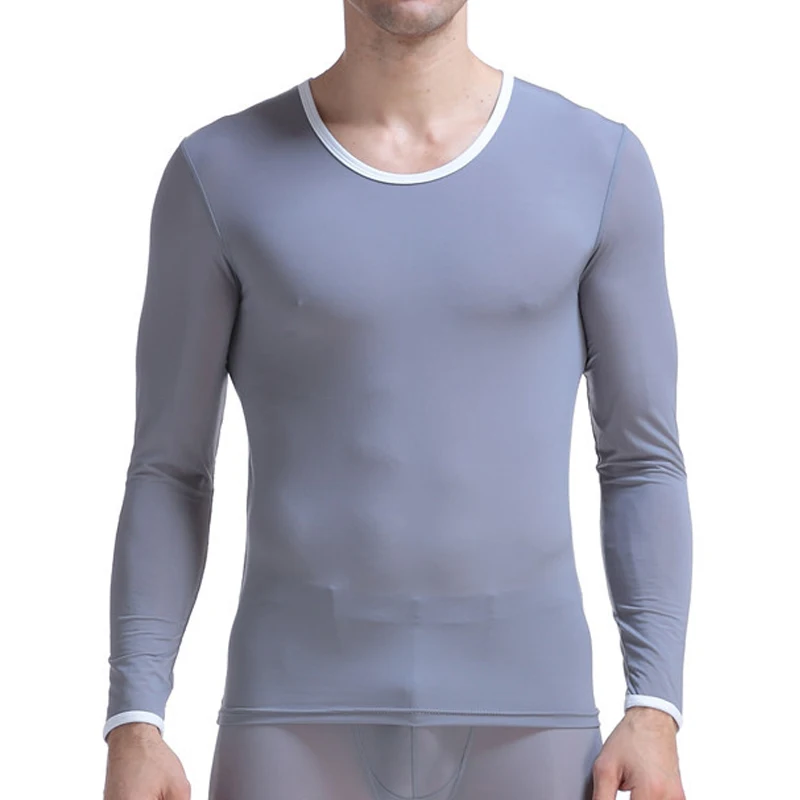 Men's Thin Ice Silk Thermal Underwear Top Long Sleeve Round Neck Base Layer UnderShirt for Autumn Spring Sweat Wicking