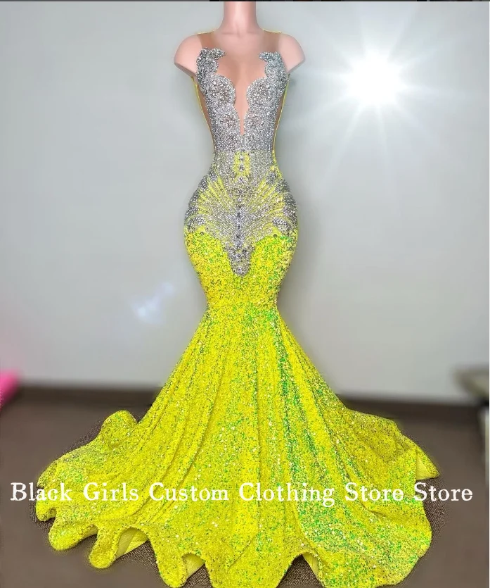 Sparkling Diamante Mermaid Prom Party Dress 2024 For Women Lemon Yellow Elegant Diamante Beaded Applique Robes De Soirée