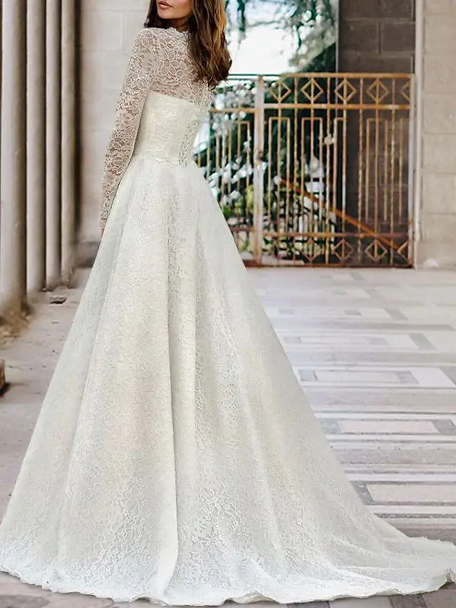 Romantic Wedding Dress Exquisite Big Lace Floor Length Sexy Illusion Full Sleeve Bridal Court Train A-Line Dresses For Women