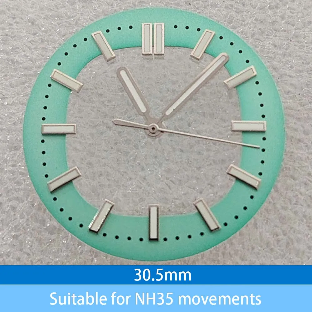 30.5mm watch accessory dial features green luminous hour markers and hands, suitable for the 3 o 'clock position of the NH35