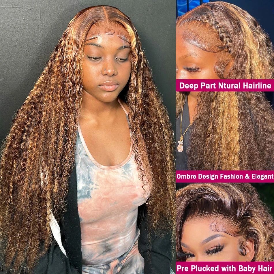 Wiggogo Curly Colored Highlight Wig Human Hair Deep Wave 13X6 Hd Lace Frontal Wig 13X4 4/27 Ombre Brown Blonde Lace Front Wigs