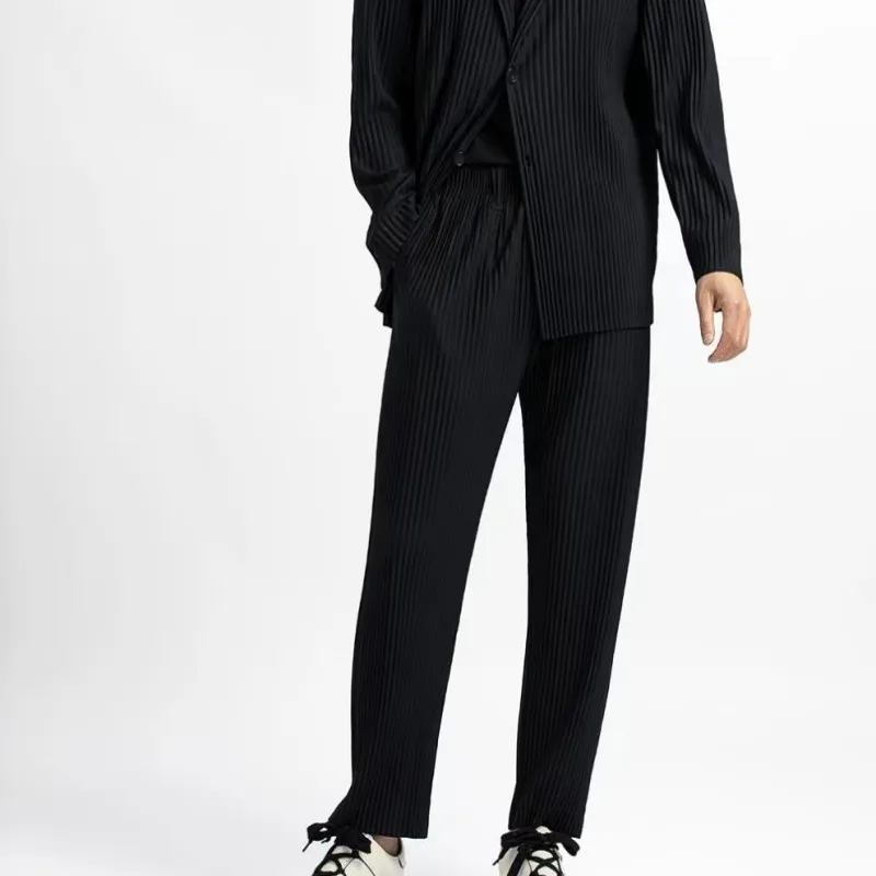 Miyake Men's Summer Pleated Pants Casual Pleated Tapered Nine-Point Pants Drawstring Pleat Comfortable Small Foot Radish Pants
