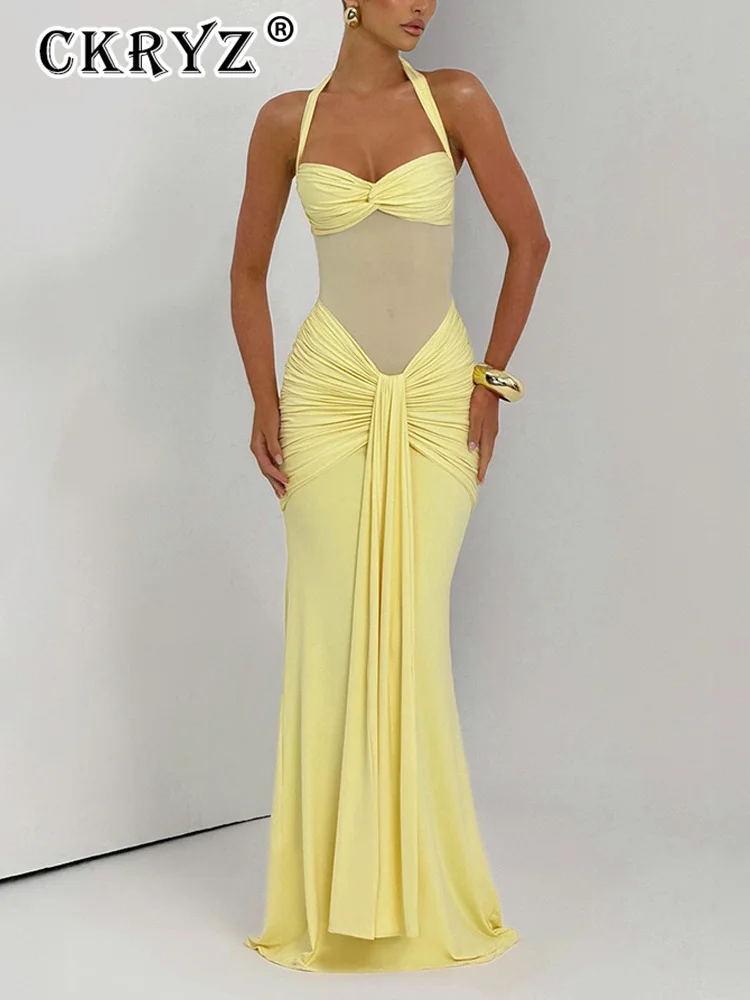 

Ladies Summer Evening Birthday Party Dress Women Sleeveless Backless Halter Ruched Long Dresses Club Streetwear Woman Outfits