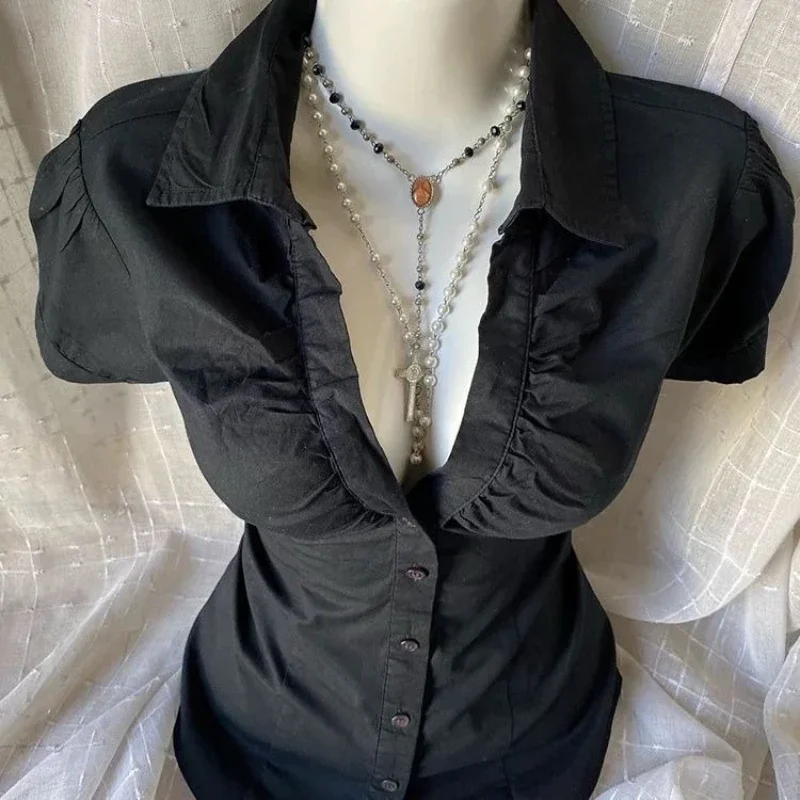 

2025 Новая черная японская рубашка в стиле ретро с v-образным вырезом для женщин Harajuku Goth, модный топ большого размера, облегающий талию и утягивающий топ