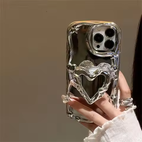 Luxury 3D Love Heart Star Ring Holder Stand Phone Case For iPhone 11 16 15 Pro Max 14 Pro 13 12 Silver Edge Soft Silicone Cover