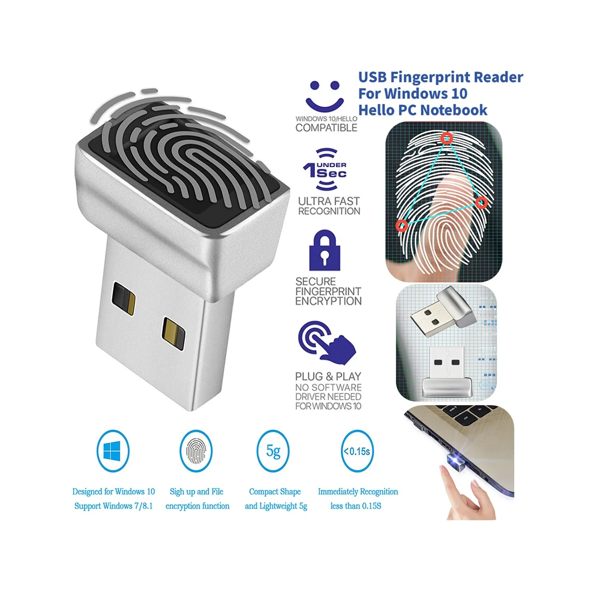USB Fingerprint Reader para Notebook PC, Notebook Lock, Biometric Scanner, Módulo de desbloqueio sem senha, janelas 10 Olá Laptop