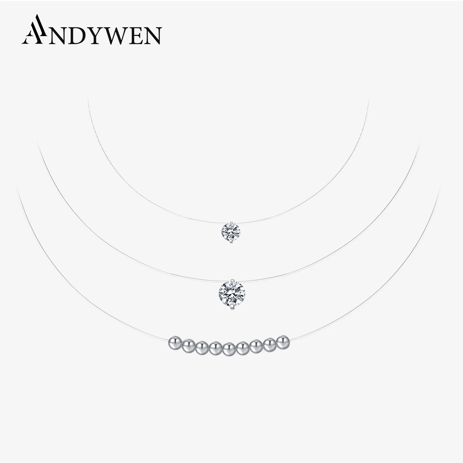 

ANDYWEN Layered Zircon CZ & Silver Bead Necklace, Minimalist Modern 925 Sterling Silver Jewelry for Women Daily/Party Wear