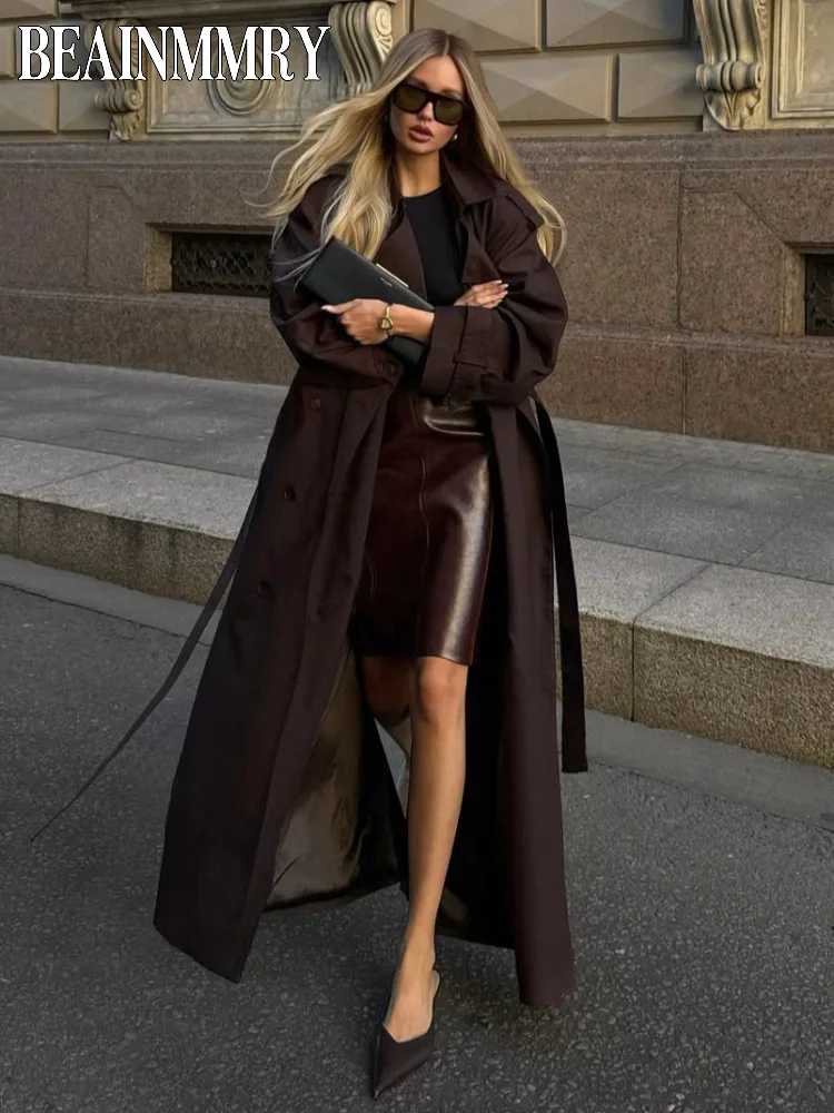 Gabardina con cordones a la moda para mujer, abrigo holgado de manga larga con solapa lisa y doble botonadura, ropa de abrigo para ir al trabajo en la calle para otoño