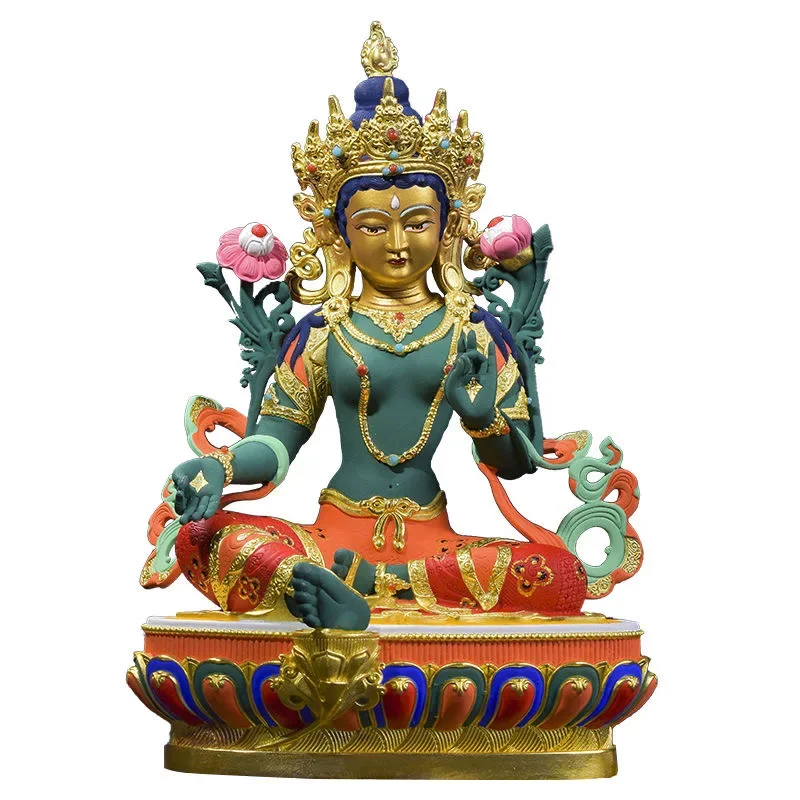 high grade colored draw Good Buddha statue bless family Safety Health luck Green Tara Guan yin Buddha Painted Buddha statue