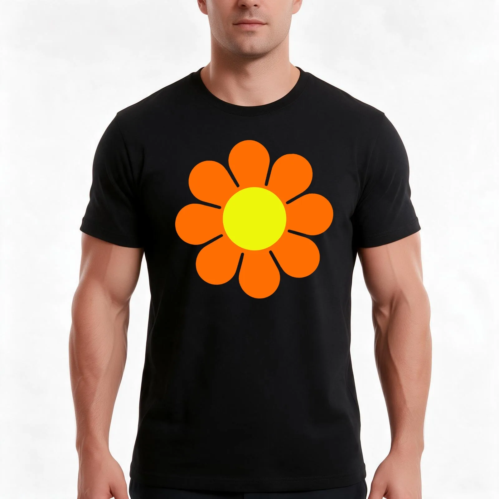 Orange Yellow Hippy Flower Power Daisy T-Shirt, Summer Casual Cotton Tee, Oversized Streetwear Tops, Vintage Graphic Print