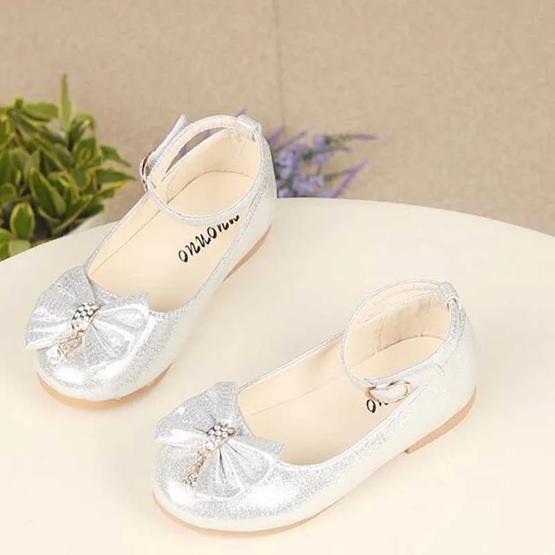 New Autumn Girls Leather Shoes Children Girls Baby Princess Bowknot Sneakers Pearl Diamond Single Shoes Kids Dance Shoes