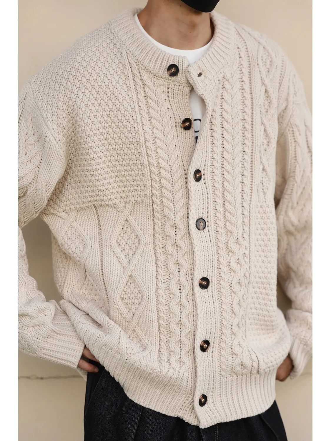 

LH Store Autumn Vintage Beige round Ne Twisted Knit Open Cardigan Long Sve Loose Design Sensation Sweater Japanese Sle