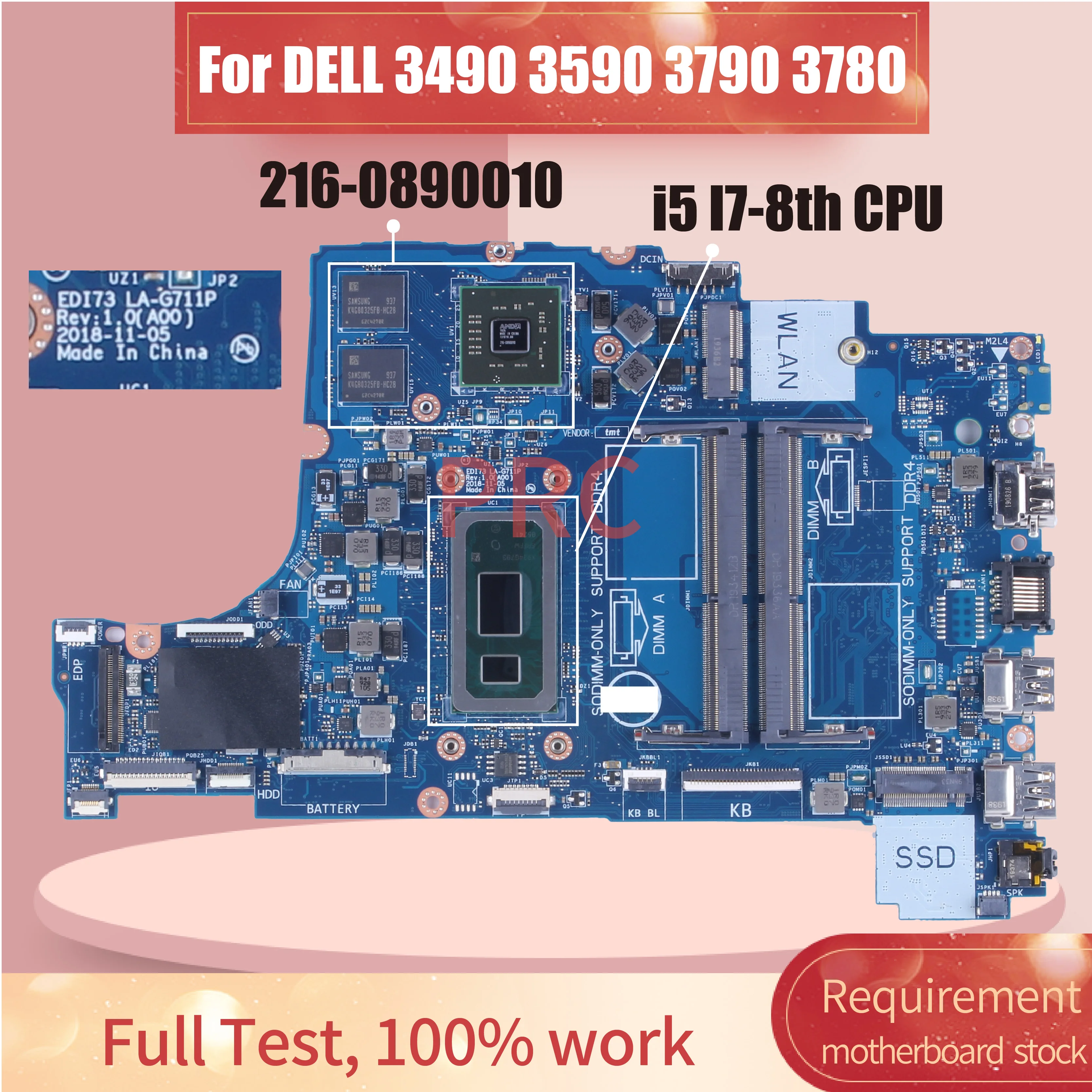 Edi73 LA-G711P para dell inspiron 3490 3590 3790 3780 placa-mãe do portátil 0wttrr 0vt31n núcleo i5 i7-8th com gpu notebook mainboard