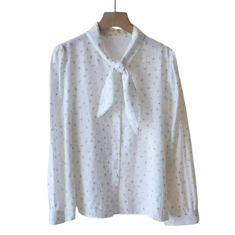

Comfortable Sweet Blouses for Women Light Blue Bow Tie Long Sleeve Shirts Thin Chic Girls Top Summer