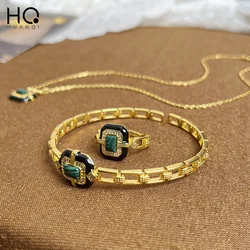 HUANQI Natural Green Malachite Stone Black Agate Enamel Open Vintage Bracelet Ring Necklace for Women Rhinestone French Jewelry