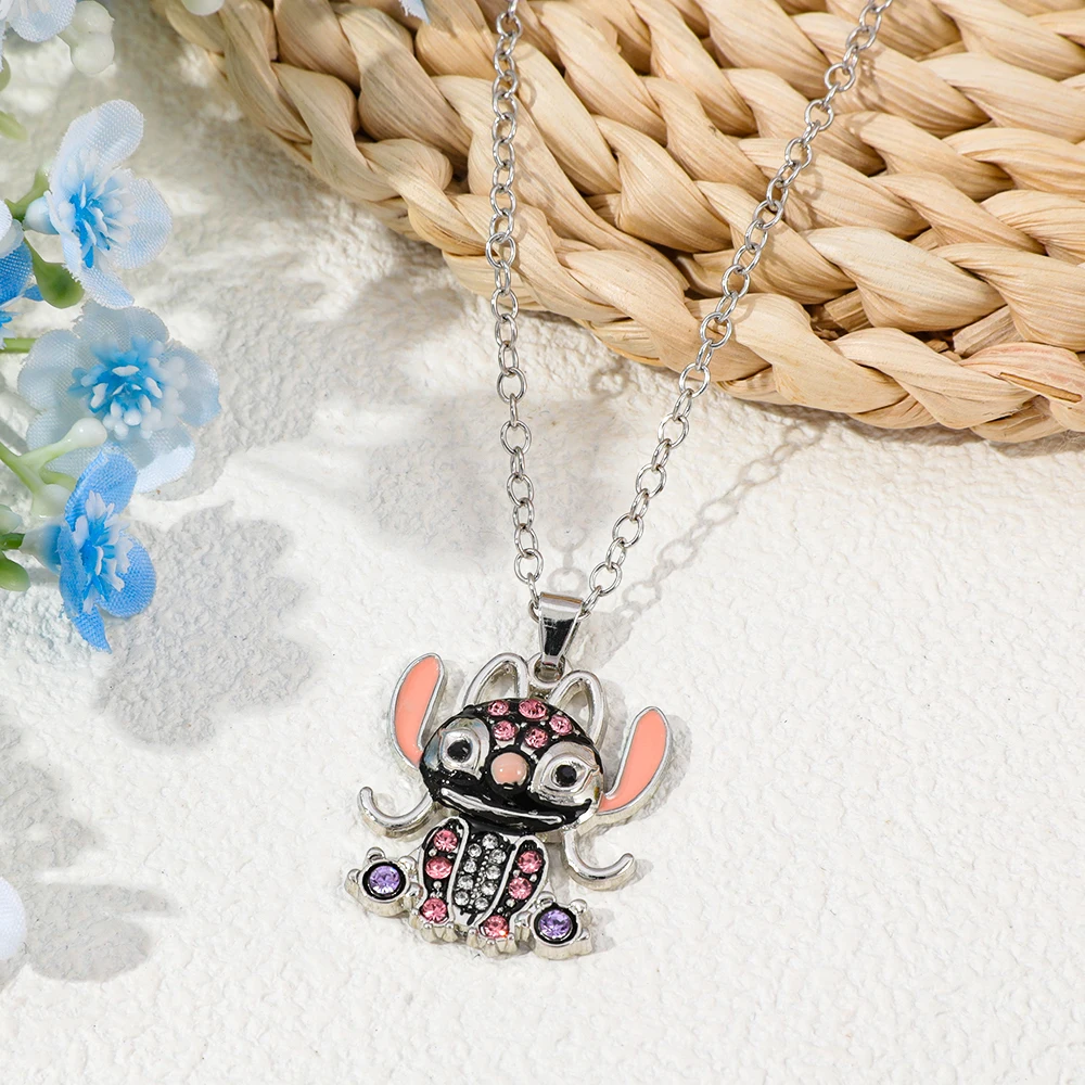 1개 디즈니 릴로 & 스티치 힙합 목걸이 귀여운 라인스톤 펜던트 목걸이 패션 애니메이션 장난감 선물