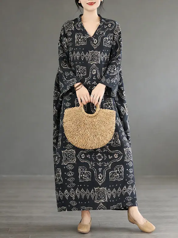 

Retro V-Ne Print Overhead Dr Women Long Sve Ethnic Sle Midi Skirt Loose Fit plus Size Winter Casual Dres