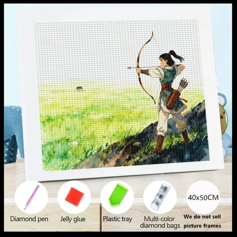 

1PC 5D DIY Diamond Painting Kit, Full Drill Fantasy Anime Style Female Archer Warrior Girl with Bow & Arrow, Mountain Landscape