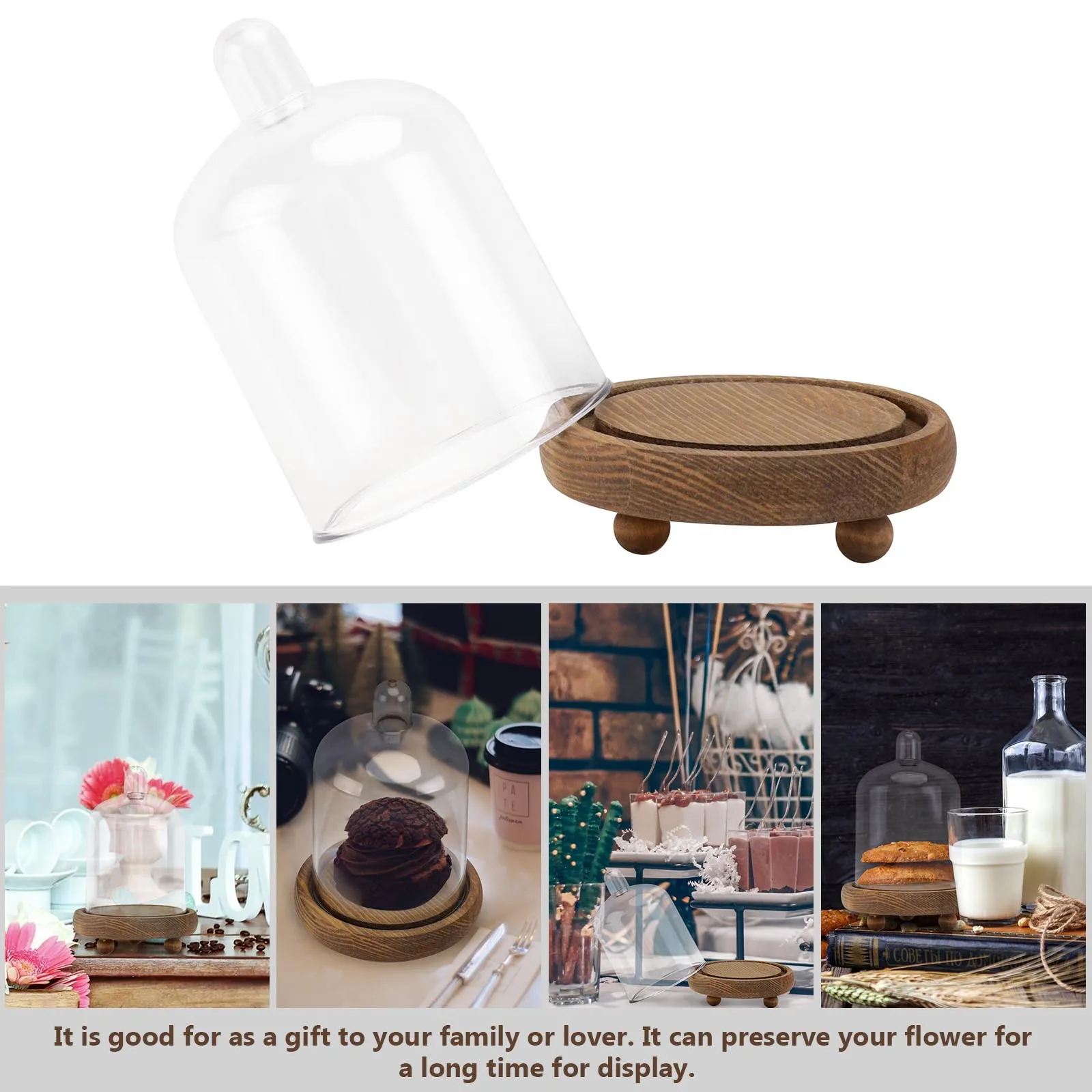 

Eternal Flower Cover Clear Dome PC Bell Jar Wood Display St Dustproof Decor Christmas Gift Preserve Flowers Storage
