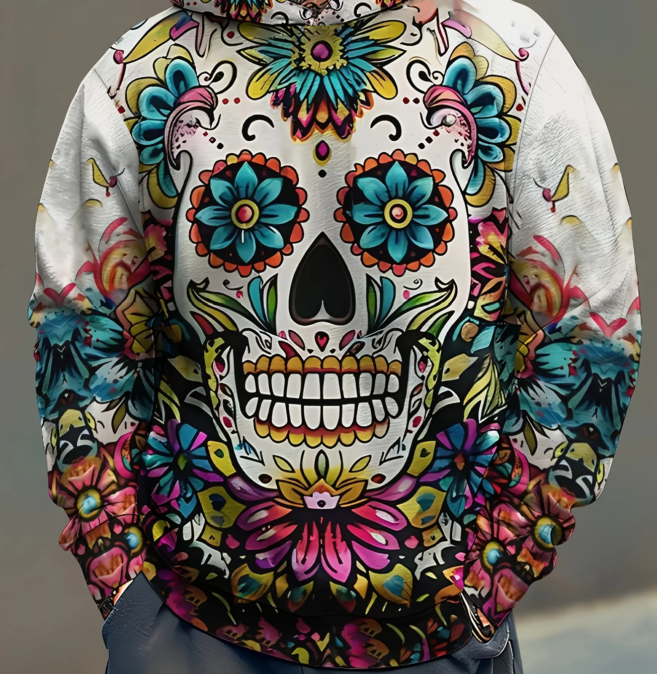 سترة بغطاء للرأس بأكمام طويلة مطبوعة على شكل جمجمة للرجال من Day of the Dead المكسيكي، بلوزة رياضية كاجوال مع جيب للربيع والخريف