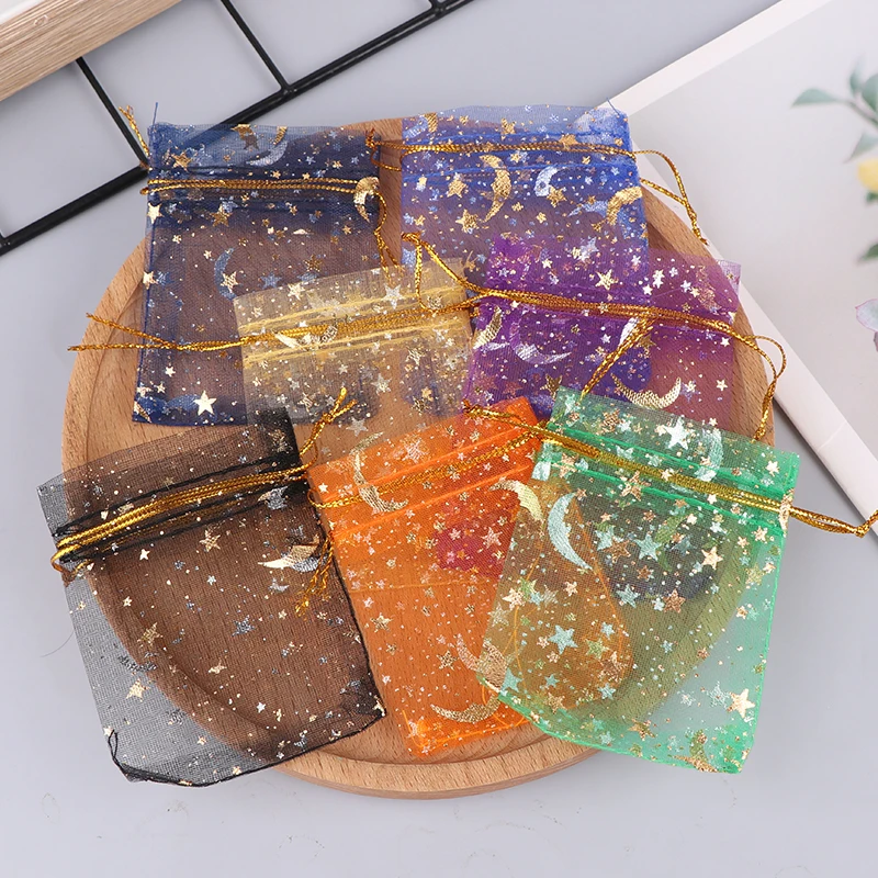 100pcs/lot Star Moon Organza Jewelry Bags Tulle Sheer Sachets Drawstring Gift Bag Wedding Party Favor Pouches Jewelry Organizer