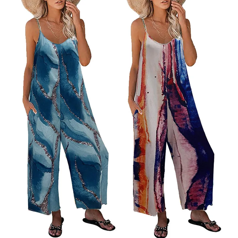 

2024 summer new European and American sling jumpsuit women's printed pocket casual jumpsuit