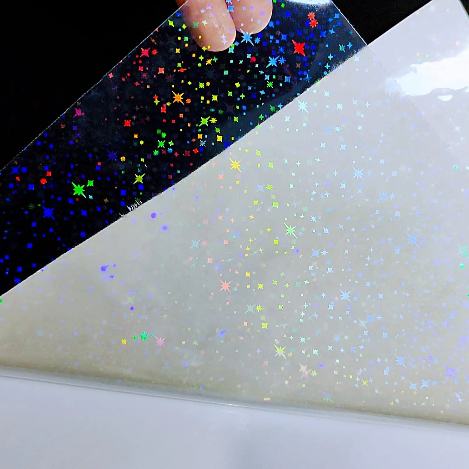 KRYON A4 20 hojas Tamaño del patrón de estrella: 8,3x11,7 pulgadas 210x297 mm Papel adhesivo holográfico Película de laminación en frío transparente con purpurina