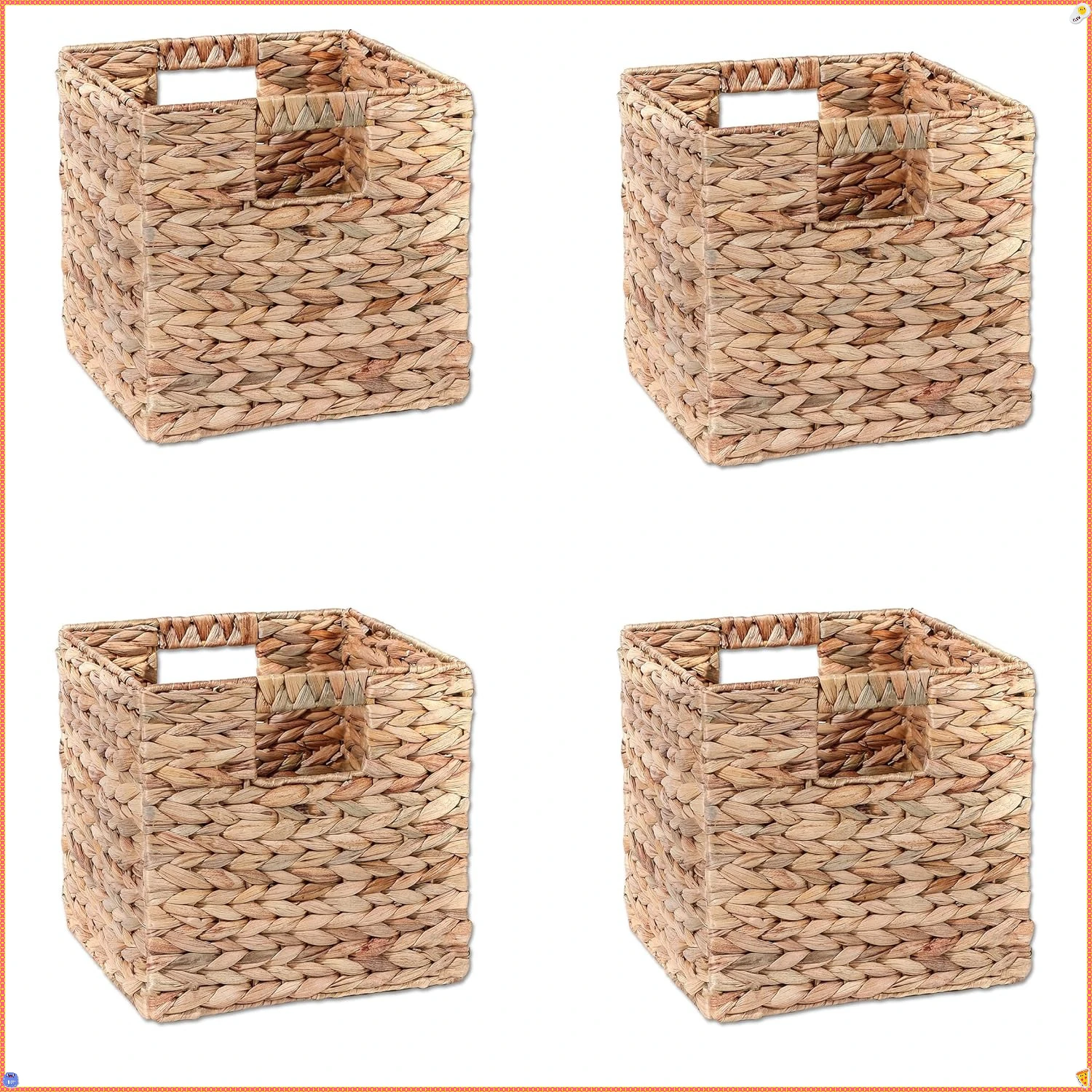 

Hyacinth Basket 4-Pack | Foldable Storage Bins with Metal Frame for Bedroom/Laundry/Kitchen Organization