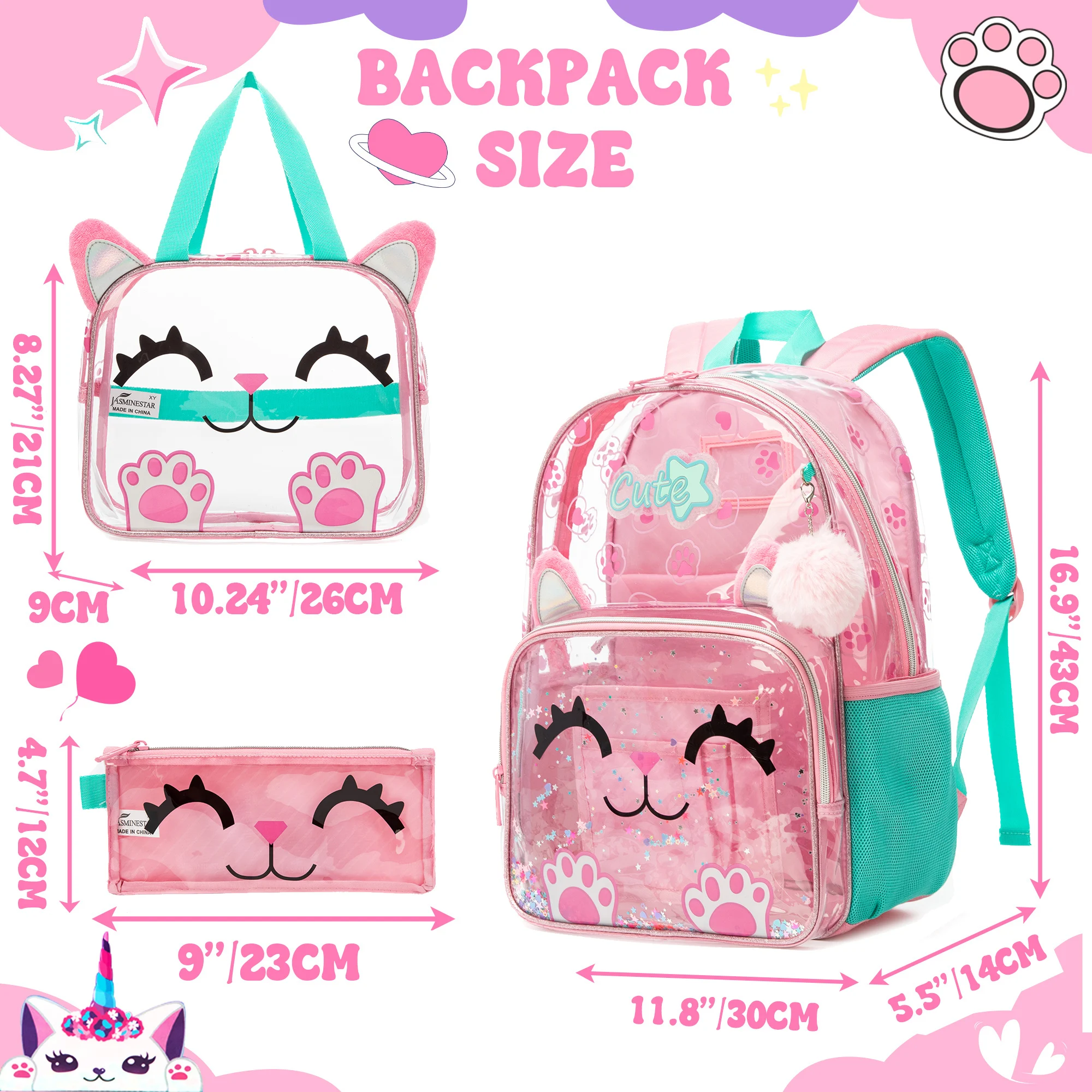 Clear Backpack Set with Lunch Box, Transparent School Bag for Boys & Girls, Kindergarten & Elementary Students view 2