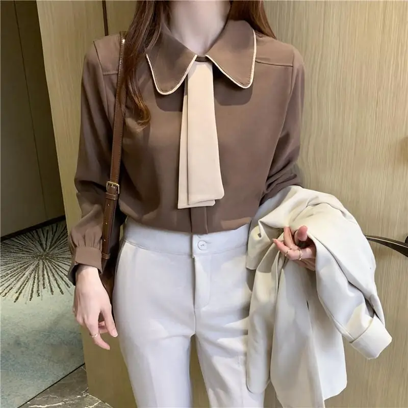 Professional Tie Shirt Women\'s Long Sleeve 2023 New Korean Edition Autumn/Winter Ear Collar Shirt Fashion Reduced Collar Tops