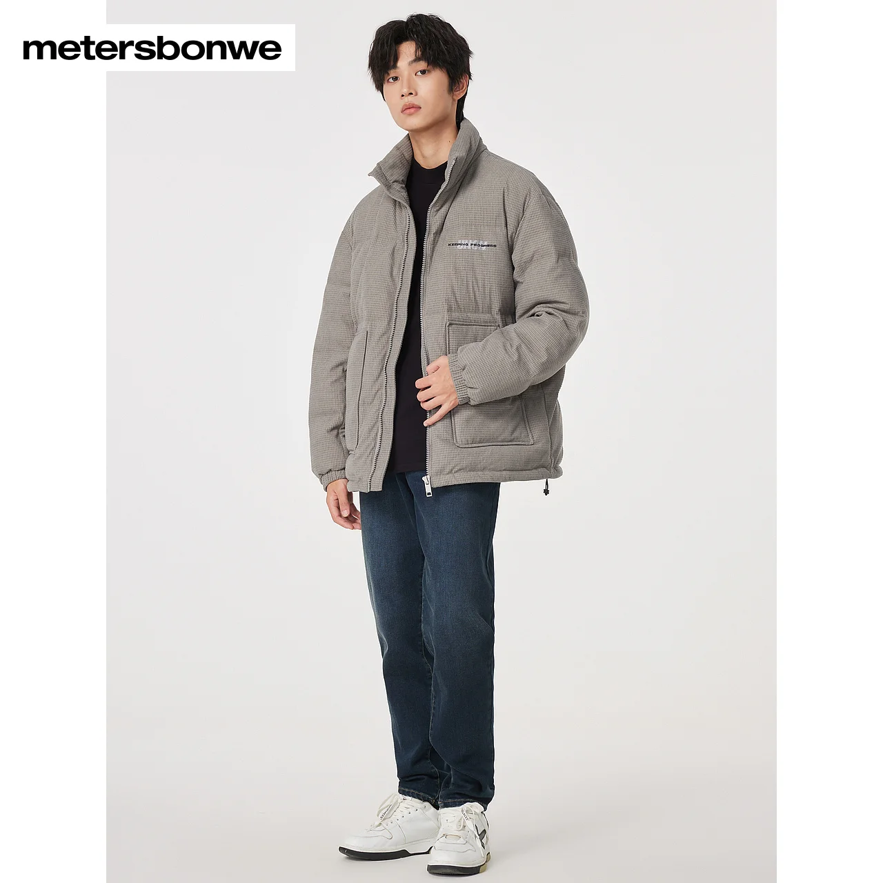 Metersbonwe-남성용 덕다운 코듀로이 다운 재킷, 클래식 스탠드 칼라, 자수 인쇄, 따뜻한 겨울 착용